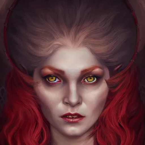 Image similar to a detailed matte head - on portrait painting of an middle - aged tiefling noblewoman with golden eyes and short long flowing red hair, by charlie bowater, lise deharme, wlop, tending on arstation, dungeons and dragon, dnd, pathfinder, fanart, oil on canvas