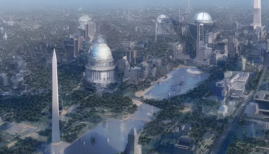 Prompt: futuristic washington dc with humongous glass buildings, white house, washington monument, parks and lakes, technologies, highways, sunny day, hyperdetailed, artstation, cgsociety, 8 k