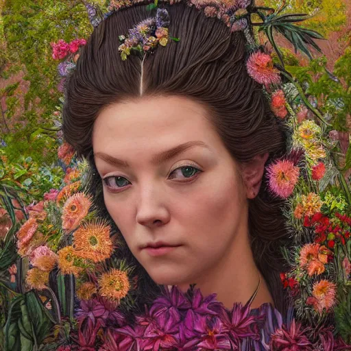 Prompt: margaery tyrell, exterior botanical garden, portrait face, colorful, frantisek kupka, intricate, miles johnston, kuroda seiki, cynical realism, ozabu, john william godward, painterly, yoshitaka amano, moebius, miles johnston, louise zhang, james jean, mark ryden lowbrow pop surrealism art style