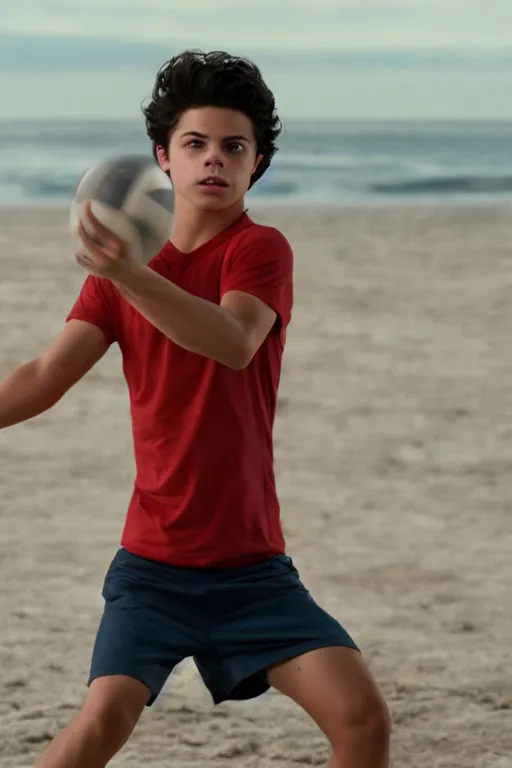 Image similar to young jake t. austin playing volley ball on the beach in beach kings film, red weapon 8 k s 3 5, cooke anamorphic / i lenses, highly detailed, cinematic lighting