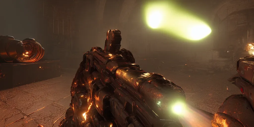 Image similar to doom 2 in the unreal engine, 8k, high detail, volumetric lighting, lensflare