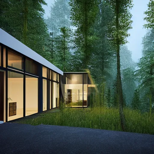 Prompt: a clearing in the forest revealing a private, modern home on a hill, garden, long driveway, unreal engine