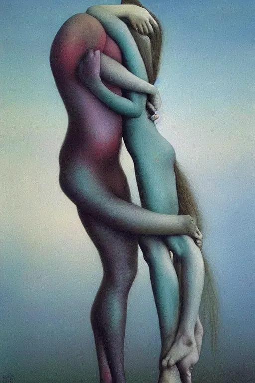 Image similar to men kiss girl and hug and cuddle colourful shiny beautiful harmony painting by zdzisław beksinski