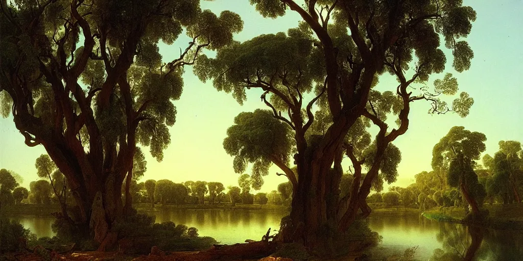 Image similar to landscape painting of a old blue gum tree next to a meandering river by alexei savrasov and thomas cole, artstation