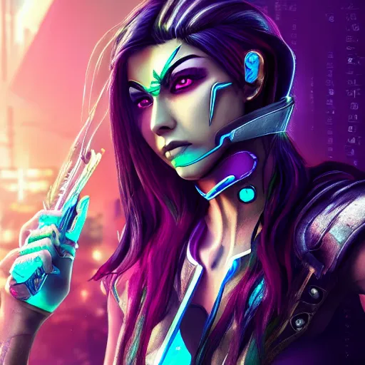 Image similar to Kalista from League of Legends portrait, Cyberpunk 2077, cyberpsycho, photorealistic, ultra detailed, neon, octane, bokeh, cyber, cyberpunk city, feature, scars, cyberface, 8k