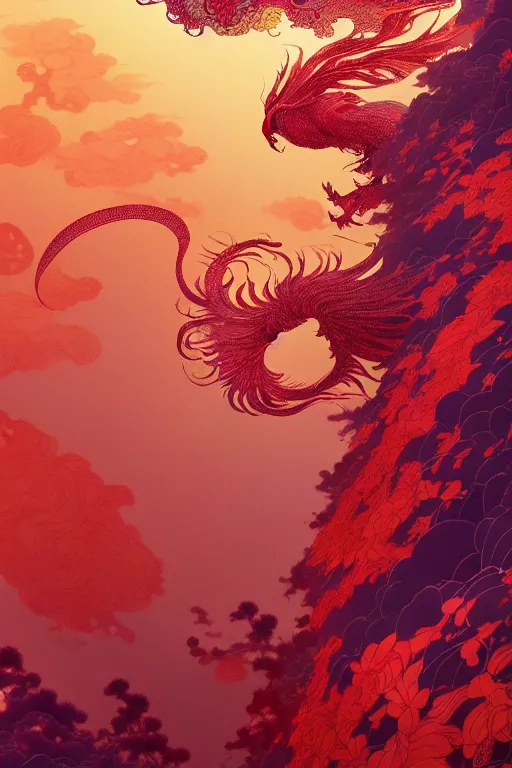 Image similar to a beautiful hyperdetailed character design 4 k wallpaper illustration of a huge reddish phoenix, victo ngai style, from china, style of studio ghibli, makoto shinkai, raphael lacoste, louis comfort tiffany, denoise, deblurring, artgerm, xision, james jean, ross tran, chinese style