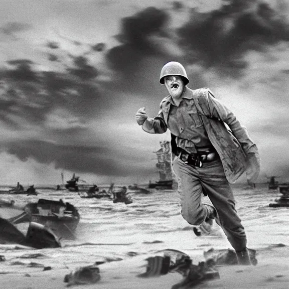 Prompt: photo realistic image of Matthew Lillard as shaggy from scooby doo, storming the beaches of Normandy in 1944, HD, high detail, photorealistic, Hollywood cinematic, Christopher Nolan