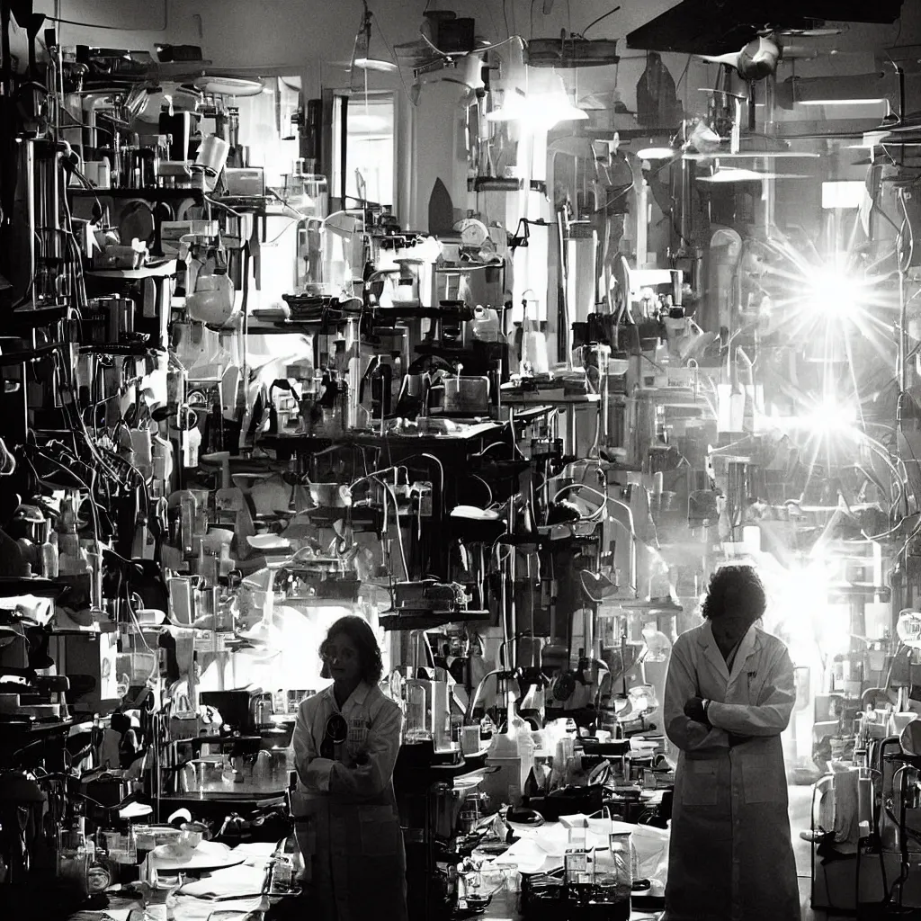 Prompt: “candid portrait photo taken by Annie Leibovitz Roger Deakins of a young research scientist wearing a lab coat on an emotional rollercoaster in a cluttered laboratory. shafts of light from a window illuminating laboratory glassware. eureka is still out of reach. ”