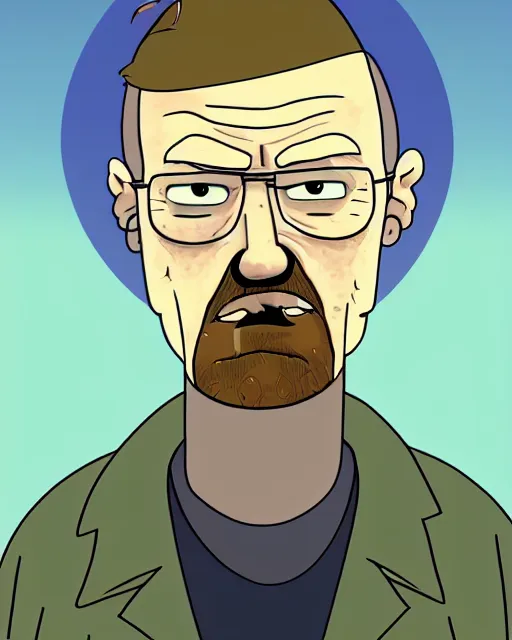 Image similar to portrait of walter white in the style of justin roiland. heisenberg from breaking bad. cinematic lighting. style of rick & morty. photographic, photography. by justin roiland