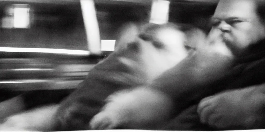 Image similar to low angle camera shot of a overweight drunk man sitting in a taxi by night, moody cinematography of roger deakins, shot on film, grain, hyper realistic ,