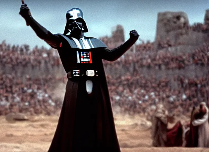 Image similar to film still of Darth Vader as Maximus in the arena with his arms up in Gladiator 2000, 4k