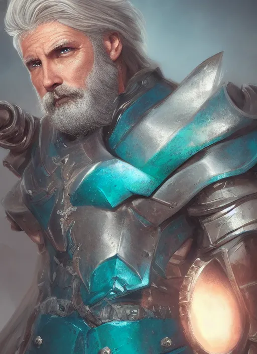 Image similar to an epic fantastic realism comic book style portrait painting of an aasimar paladin, male, silver hair, short brown beard, d & d concept art, unreal 5, daz, teal aesthetic, octane render, cosplay, rpg portrait, dynamic lighting