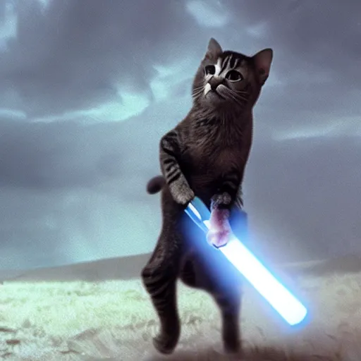 Image similar to film still of jedi cats lightsaber fighting in a texas thunderstorm, 4 k