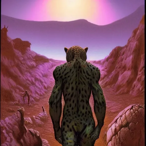 Prompt: leopard man alien walking towards a mountain, magical bright world, volumetric lighting, high render, fine detail, Artwork by roger dean + Richard Corben + Mark Arian + Wayne Barlowe + Boris Vallejo + Julie Bell