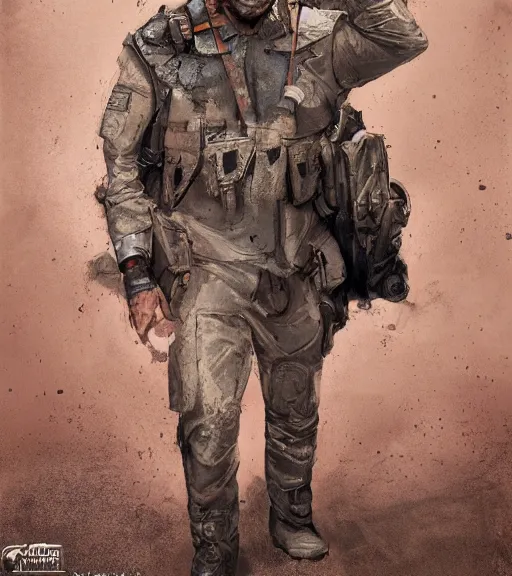 Image similar to scene of muscular, tired and alcoholic 3 0 - year - old grieving man with short darkblonde hair, serious sad look in his eyes, looking down, dirty beard, blue eyes, jumping from plane, wearing dirty soldier uniform, on the desert, sad atmosphere, hyper realistic face, character art, art by mark brooks, cryengine, trending on artstation, digital art