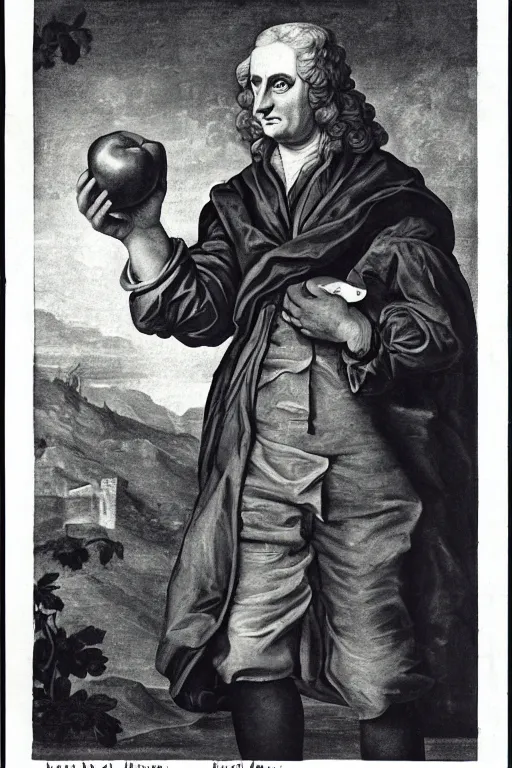 Image similar to isaac newton holding an apple, collage