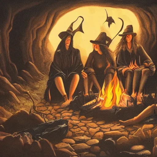 Image similar to a witches coven around a fire in a cave