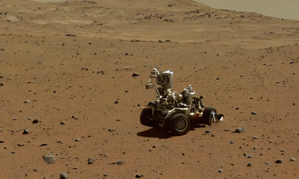 Prompt: 35mm film still, robot lawnmower on mars