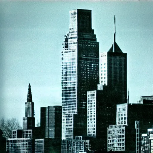 Image similar to albany skyline with godzilla attacking the corning tower, old movie