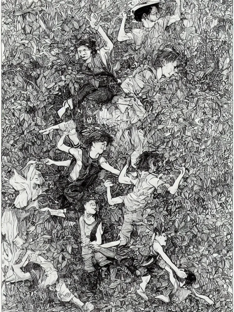 Image similar to the adventures of tom sawyer and huckleberry finn, illustrated by james jean, playful, naturalistic, simple life, mississippi