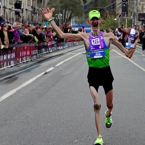 Prompt: An extremely realistic skeleton crossing the finish to win a marathon, award winning photograph, associated press photo, dynamic pose, 8k, award-winning