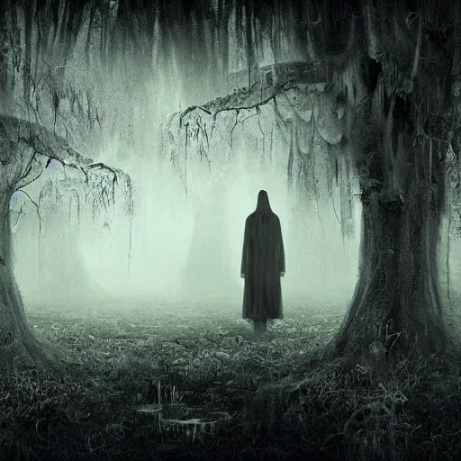 Image similar to concept, artistic swamp with mystic fog, horror movies, art station, mysterious, masterpiece, adams family