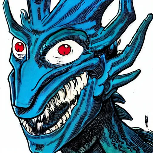 Image similar to head and shoulders portrait of a medieval d & d fantasy anthropomorphic blue dragon - headed - human hybrid with electrcity magic, comic book cover art photo by phil noto, frank miller, hr giger