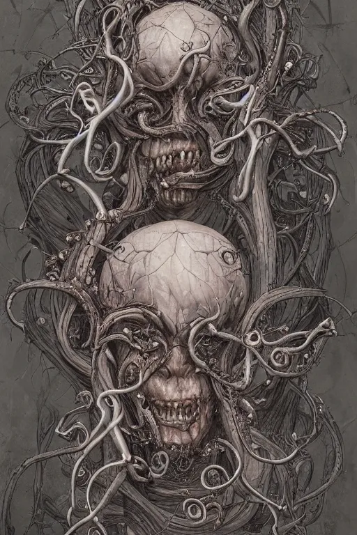 Image similar to centered horrifying detailed side view profile portrait of a insane, crazed, mad old bald zombie, ornate tentacles growing around, ornamentation, thorns, vines, tentacles, elegant, beautifully soft lit, full frame, 8 k by wayne barlowe, peter mohrbacher, kelly mckernan, h r giger