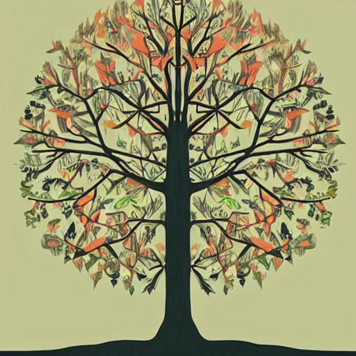 Prompt: a tree representing seasons from winter, spring, summer and fall, by victor ngai