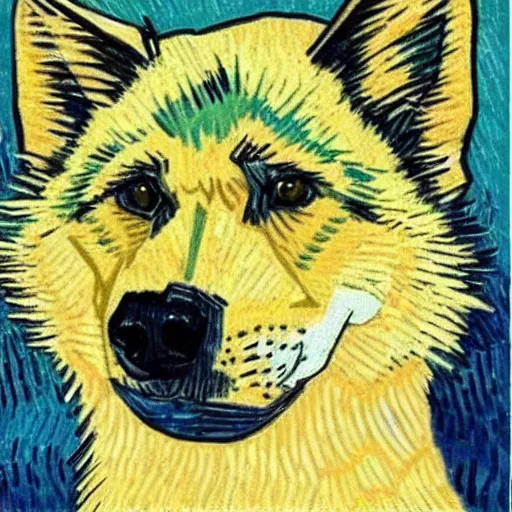 Image similar to retarded wolf portrait, van gogh style