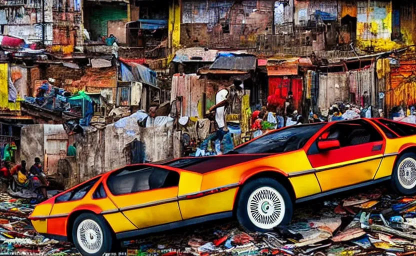 Image similar to a red and yellow delorean in ajegunle slums of lagos - nigeria, magazine collage, masterpiece,