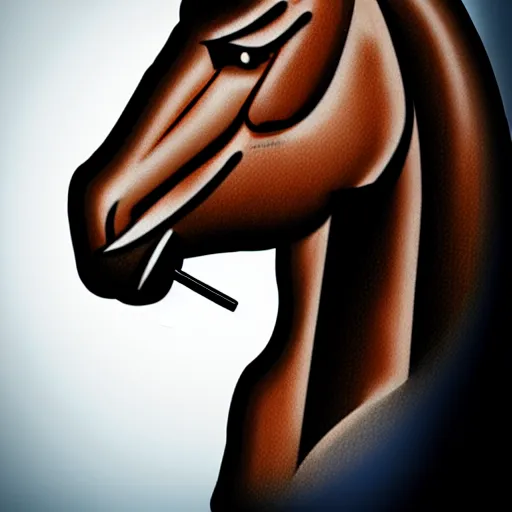 Image similar to an antropomorphic horse wearing a suit smoking a cigar