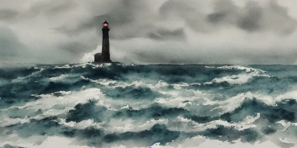 Image similar to stormy sea and dramatic sky, a lighthouse on a cliff, watercolor, artstation, realistic, moody