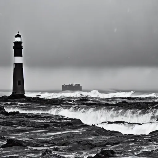 Image similar to stormy ocean at midnight, dark storm clouds overhead, lighthouse in the background concealed by fog