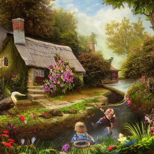 Prompt: folk art, old english cottage by a creek, flower garden, children playing in the yard, lowbrow, matte painting, 3 - d highly detailed, style of greg simkins