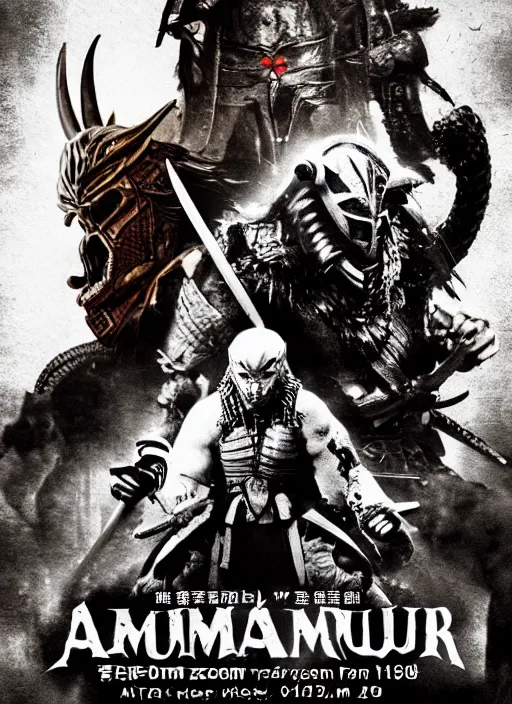 Image similar to movie film poster art for samurai vs predator film staring hiroyuki sanada. in the style of ansel adams, frank frazzetta, warcraft