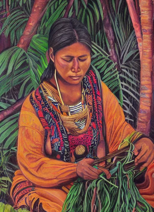 Prompt: a beautiful painting of an indigenous female doing crafting of a fabric in the jungle, realistic face, ayahuasca, fantasy art style