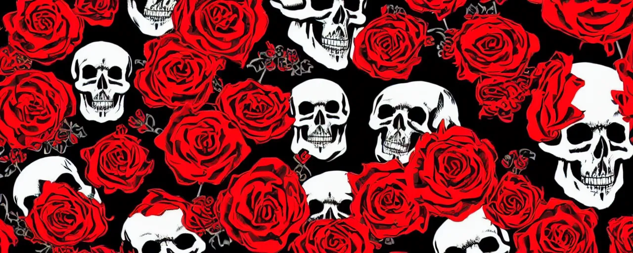 Prompt: a badass guns and roses digital art wallpaper on a black background, skull and crossbones pattern, tall-stemmed red roses, intricate illustration