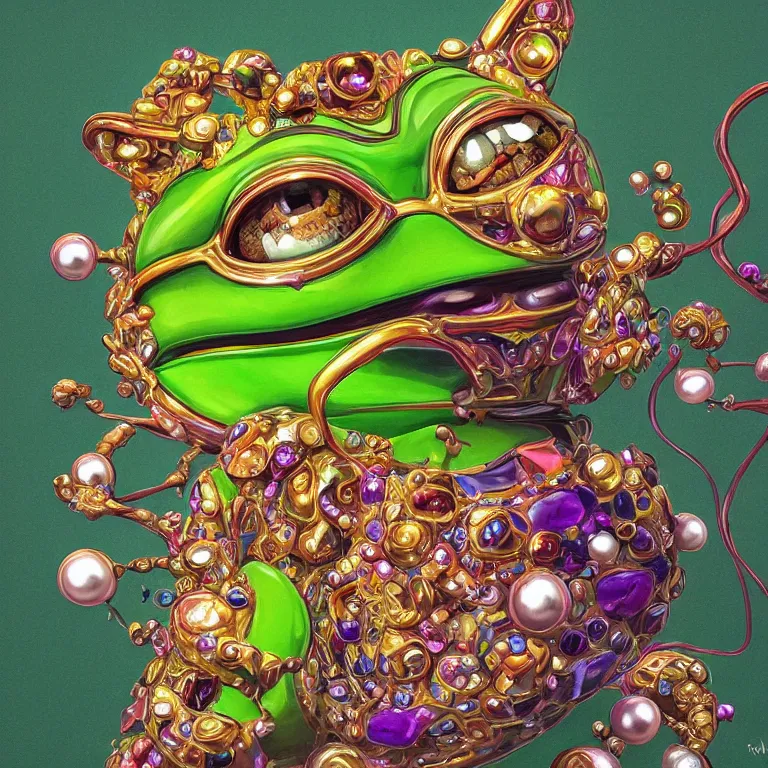 Image similar to maximalist detailed gemstone pepe the frog by adoryanti, machine. delusions, holosomnia, electrixbunny, rendered in discodiffusion. decorated with pearls and gems, behance hd by jesper ejsing, by rhads, makoto shinkai, ilya kuvshinov, rossdraws global illumination ray tracing hdr radiating a glowing aura