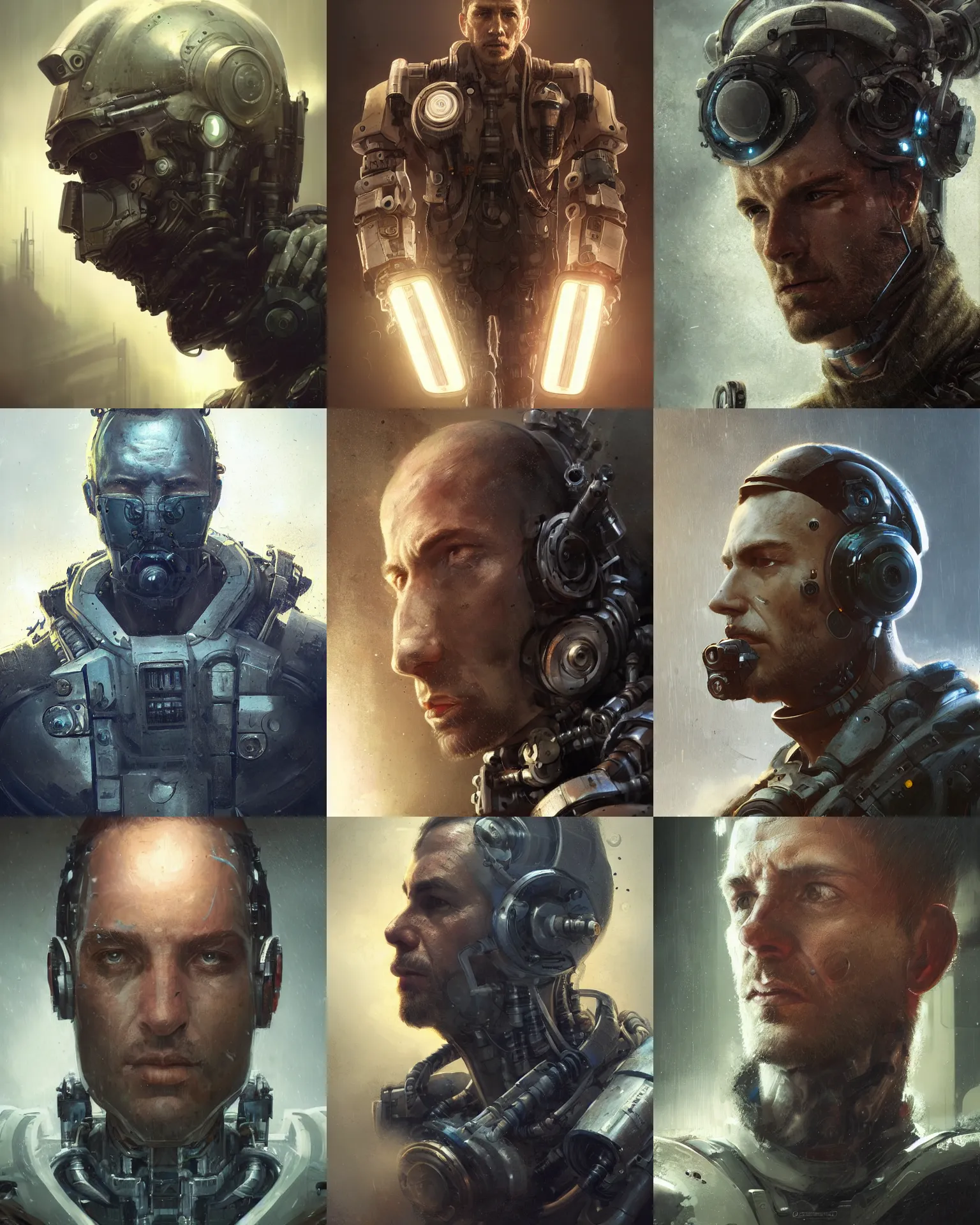 Prompt: a rugged research engineer man with cybernetic enhancements, detailed face, scifi character portrait by greg rutkowski, esuthio, craig mullins, 1 / 4 headshot, cinematic lighting, dystopian scifi gear, gloomy, profile picture, mechanical, half robot, implants, steampunk, warm colors