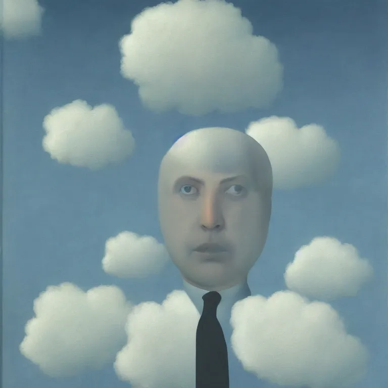 Prompt: portrait of a spooky ghost, clouds in the background, by rene magritte, detailed painting, distance, middle centered, hd, hq, high resolution, high detail, 4 k, 8 k