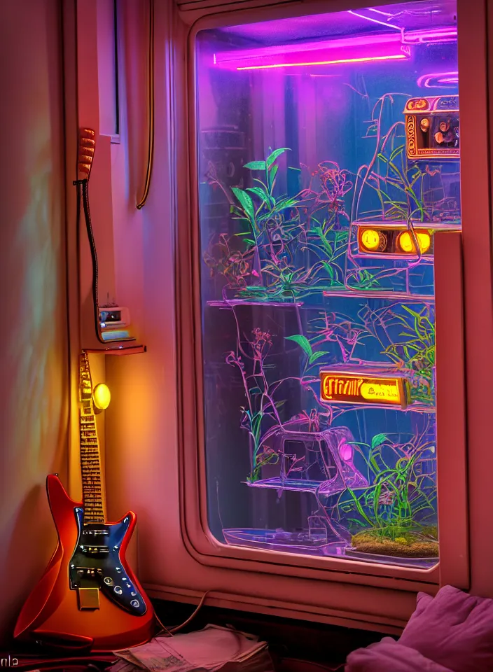 Image similar to telephoto 7 0 mm f / 2. 8 iso 2 0 0 photograph depicting the feeling of chrysalism in a cosy safe cluttered french sci - fi art nouveau cyberpunk apartment in a pastel dreamstate art cinema style. ( electric guitar ) ( ( fish tank ) ), ambient light.