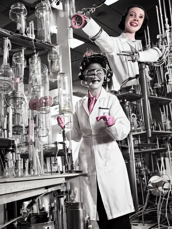 Prompt: A female mad scientist in a laboratory coat, smiling and welding together a partially-built realistic robotic!!! man!!! in a suit, in a darkly lit laboratory room surrounded by test tubes and jars, 1950s horror film movie poster style, retro vintage, saturated pink and green lighting