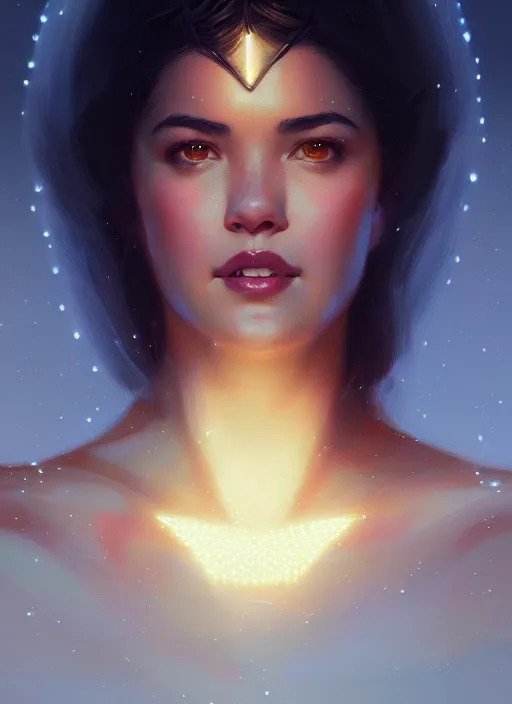 Prompt: portrait of darna phoebe cates intricate, elegant, glowing lights, highly detailed, digital painting, artstation, glamor pose, concept art, smooth, sharp focus, illustration, art by wlop, mars ravelo and greg rutkowski