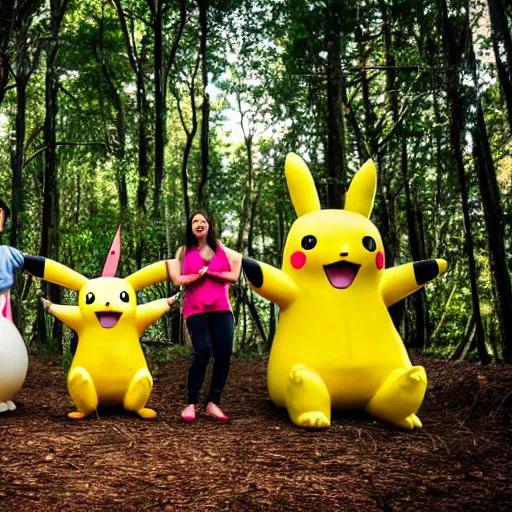 Image similar to a photograph of a group of people worshipping a giant pikachu in a forest. photo. photography. high quality. 4 k. 8 k