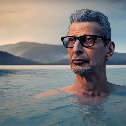 Image similar to hyperrealistic dslr film still of jeff goldblum in lagoon, stunning 8 k octane comprehensive 3 d render, inspired by istvan sandorfi & greg rutkowski & unreal engine, perfect symmetry, dim volumetric cinematic lighting, extremely hyper - detailed, incredibly real lifelike attributes & flesh texture, intricate, masterpiece, artstation, stunning