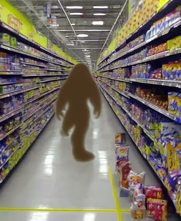 Image similar to cctv capture of bigfoot in a walmart looking for bananas