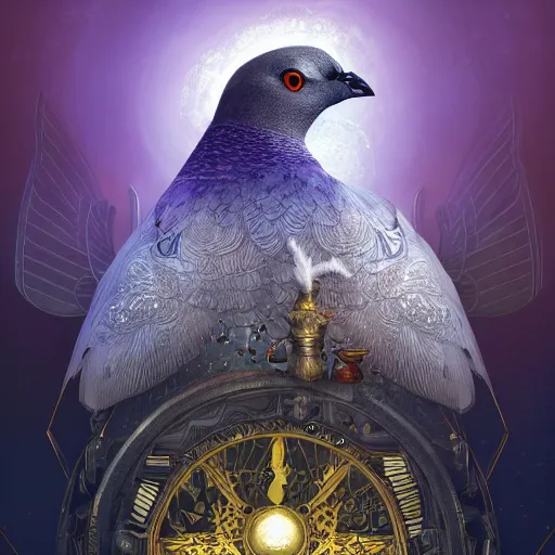 Prompt: magical pigeon close-up portrait, perched on intricate throne, ancient high tech, cyberpunk, dystopian, royal pigeon, divine grey wings, burning halo, intricate artwork by Tooth Wu and Wlop and Beeple, Greg Rutkowski, James Gilleard, very coherent symmetrical artwork, golden ratio, cinematic, hyper realism, high detail, octane render, unreal engine, 8k, Vibrant colors, Smooth gradients, High contrast, depth of field, aperture f1.2