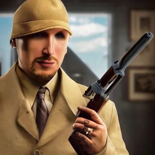 Prompt: blonde Viktor Reznov from Call of Duty: World at War with a beige coat as The American Psycho, a blonde goatee, short hair, beige fedora, and sunglasses, holding a wooden AWP, photorealistic, dramatic lighting, establishing shot