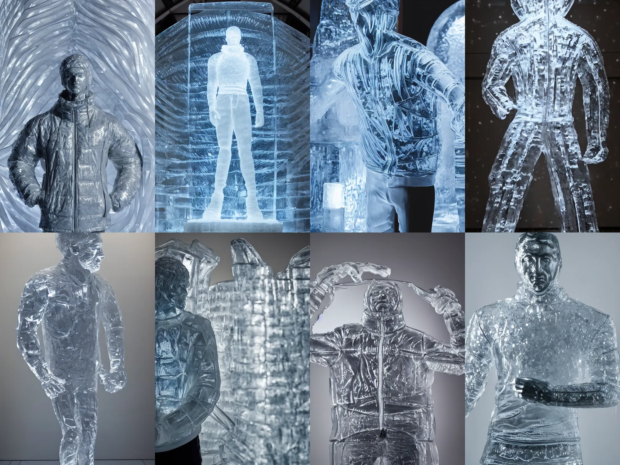 Prompt: ice sculpture of man in Adidas winter jacket sportswear, intricate sculpture, frosted glass, transparent, chiseled muscles, godlike, museum photo